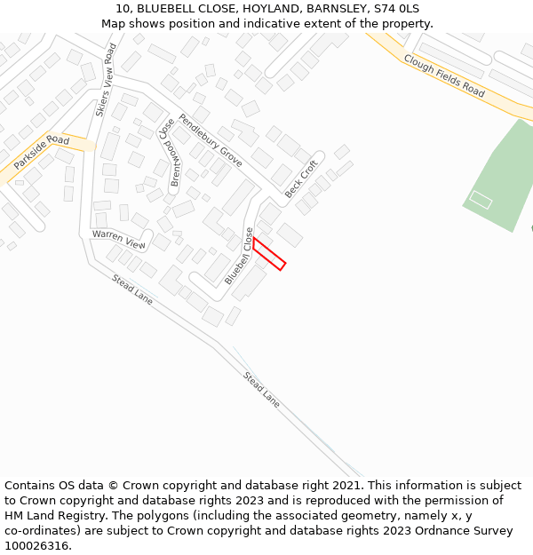 10, BLUEBELL CLOSE, HOYLAND, BARNSLEY, S74 0LS: Location map and indicative extent of plot