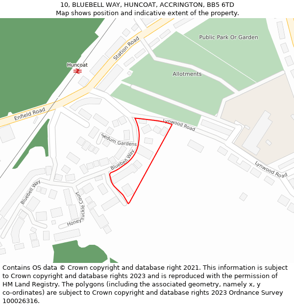 10, BLUEBELL WAY, HUNCOAT, ACCRINGTON, BB5 6TD: Location map and indicative extent of plot