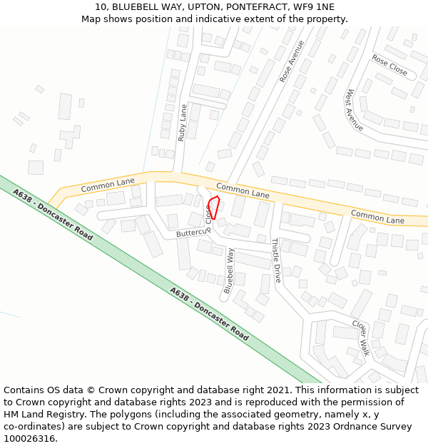 10, BLUEBELL WAY, UPTON, PONTEFRACT, WF9 1NE: Location map and indicative extent of plot