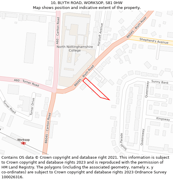 10, BLYTH ROAD, WORKSOP, S81 0HW: Location map and indicative extent of plot