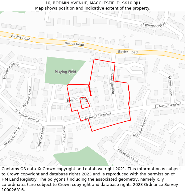 10, BODMIN AVENUE, MACCLESFIELD, SK10 3JU: Location map and indicative extent of plot