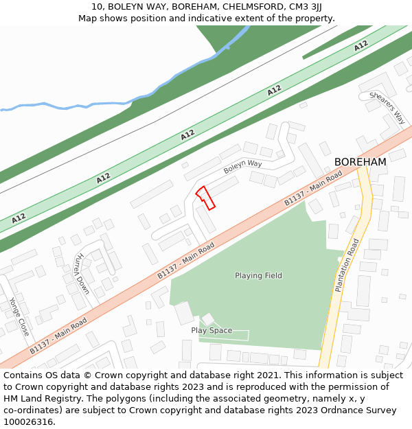 10, BOLEYN WAY, BOREHAM, CHELMSFORD, CM3 3JJ: Location map and indicative extent of plot