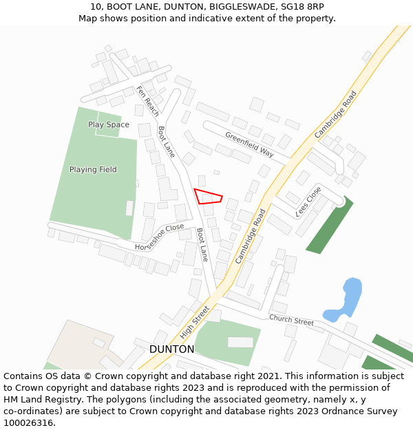 10, BOOT LANE, DUNTON, BIGGLESWADE, SG18 8RP: Location map and indicative extent of plot