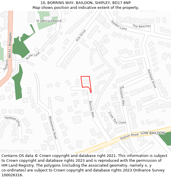 10, BORRINS WAY, BAILDON, SHIPLEY, BD17 6NP: Location map and indicative extent of plot