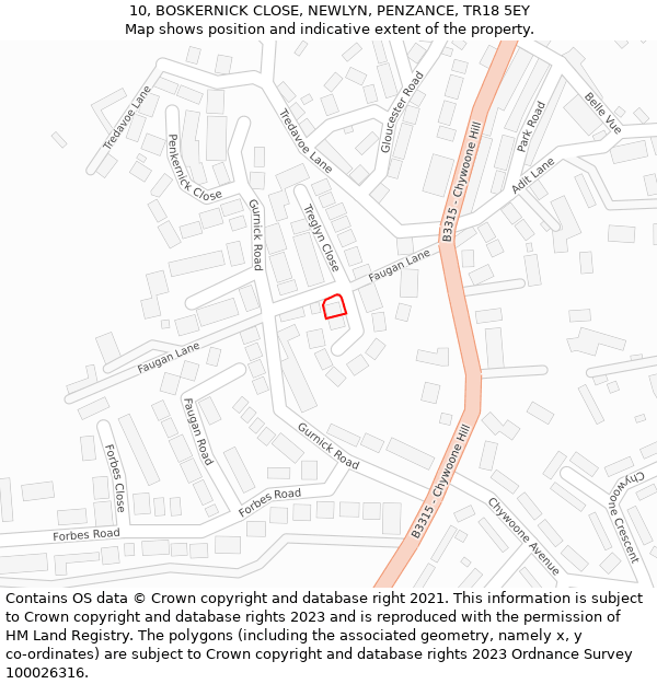 10, BOSKERNICK CLOSE, NEWLYN, PENZANCE, TR18 5EY: Location map and indicative extent of plot