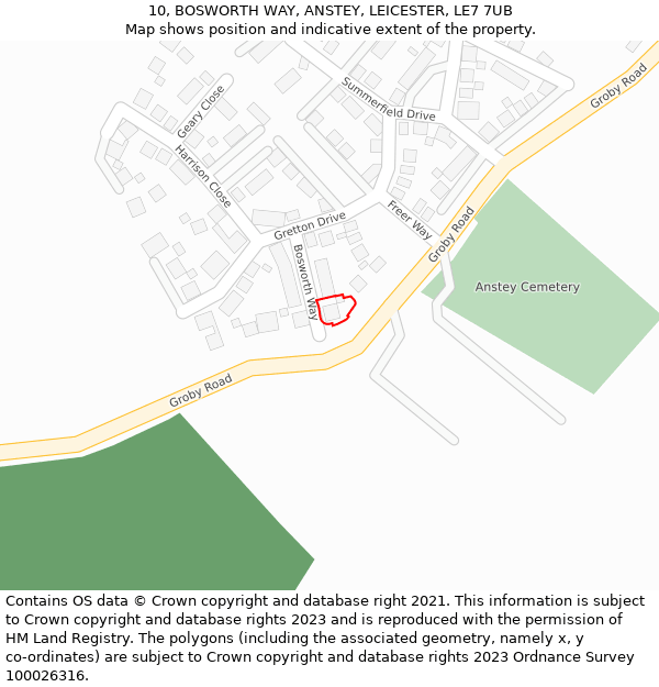 10, BOSWORTH WAY, ANSTEY, LEICESTER, LE7 7UB: Location map and indicative extent of plot