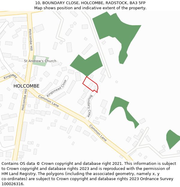 10, BOUNDARY CLOSE, HOLCOMBE, RADSTOCK, BA3 5FP: Location map and indicative extent of plot