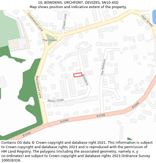 10, BOWDENS, URCHFONT, DEVIZES, SN10 4SQ: Location map and indicative extent of plot