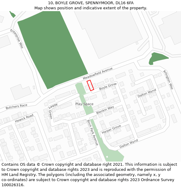 10, BOYLE GROVE, SPENNYMOOR, DL16 6FA: Location map and indicative extent of plot