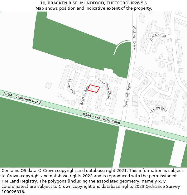 10, BRACKEN RISE, MUNDFORD, THETFORD, IP26 5JS: Location map and indicative extent of plot