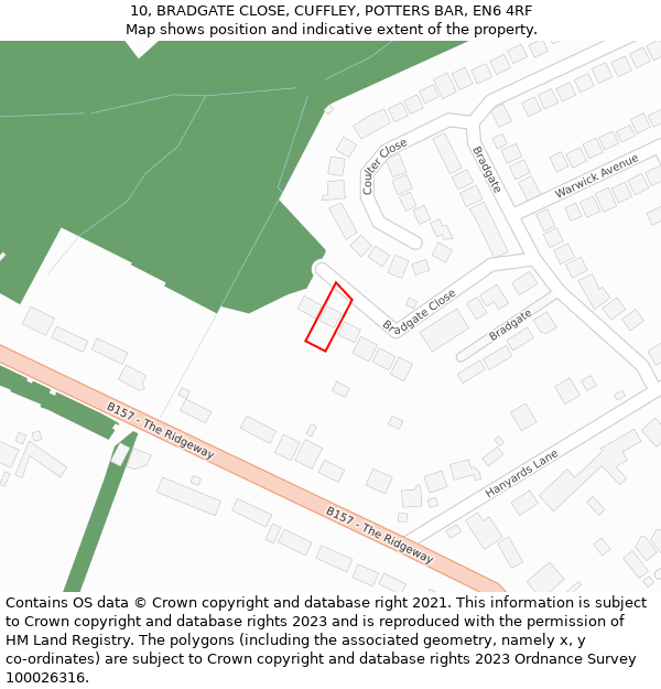 10, BRADGATE CLOSE, CUFFLEY, POTTERS BAR, EN6 4RF: Location map and indicative extent of plot