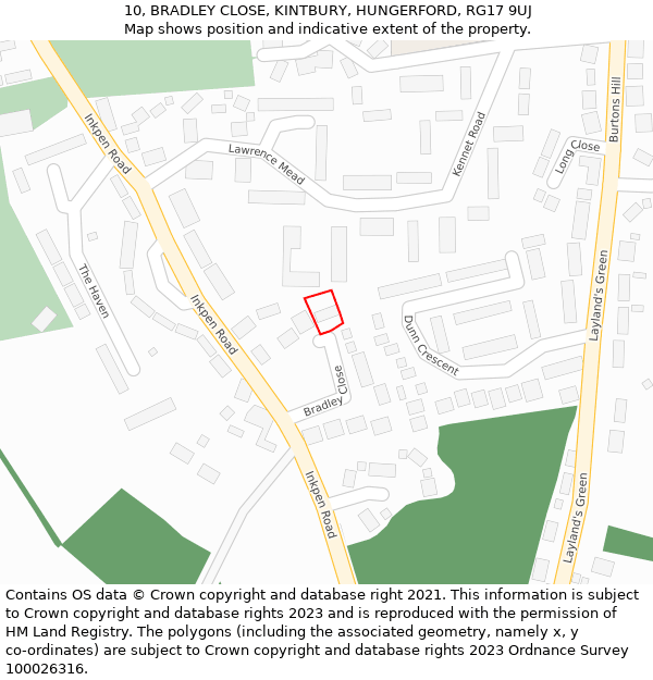 10, BRADLEY CLOSE, KINTBURY, HUNGERFORD, RG17 9UJ: Location map and indicative extent of plot