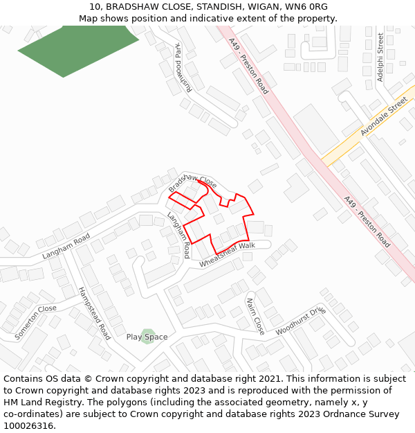 10, BRADSHAW CLOSE, STANDISH, WIGAN, WN6 0RG: Location map and indicative extent of plot