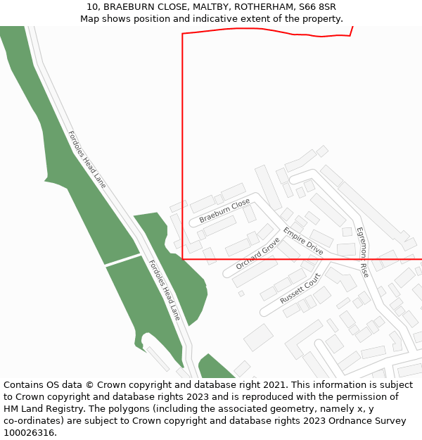 10, BRAEBURN CLOSE, MALTBY, ROTHERHAM, S66 8SR: Location map and indicative extent of plot