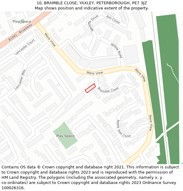 10, BRAMBLE CLOSE, YAXLEY, PETERBOROUGH, PE7 3JZ: Location map and indicative extent of plot