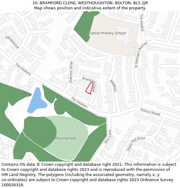 10, BRAMFORD CLOSE, WESTHOUGHTON, BOLTON, BL5 2JR: Location map and indicative extent of plot