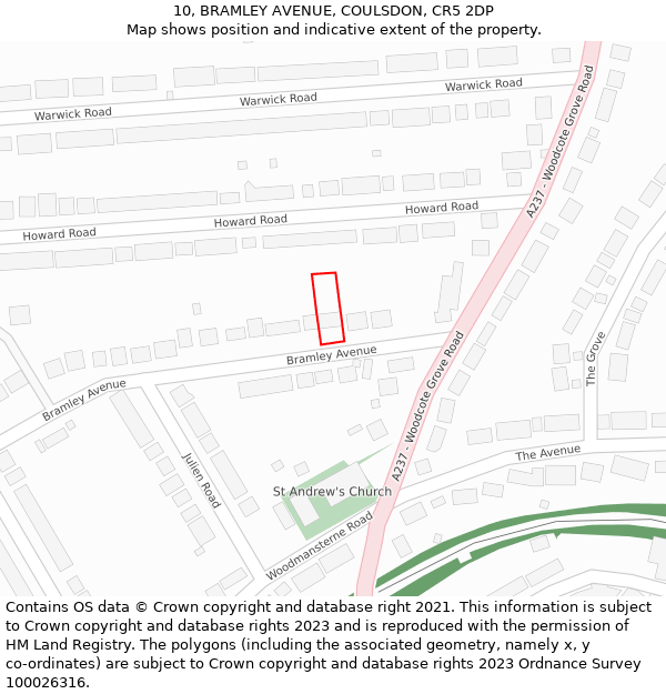 10, BRAMLEY AVENUE, COULSDON, CR5 2DP: Location map and indicative extent of plot