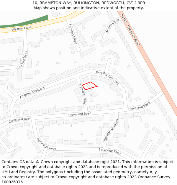 10, BRAMPTON WAY, BULKINGTON, BEDWORTH, CV12 9PR: Location map and indicative extent of plot