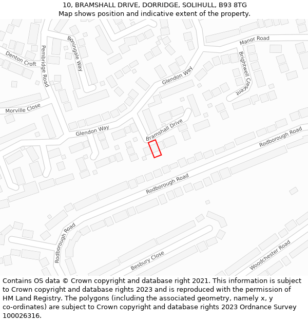 10, BRAMSHALL DRIVE, DORRIDGE, SOLIHULL, B93 8TG: Location map and indicative extent of plot