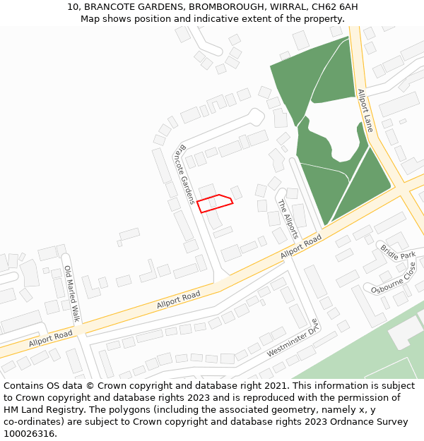 10, BRANCOTE GARDENS, BROMBOROUGH, WIRRAL, CH62 6AH: Location map and indicative extent of plot