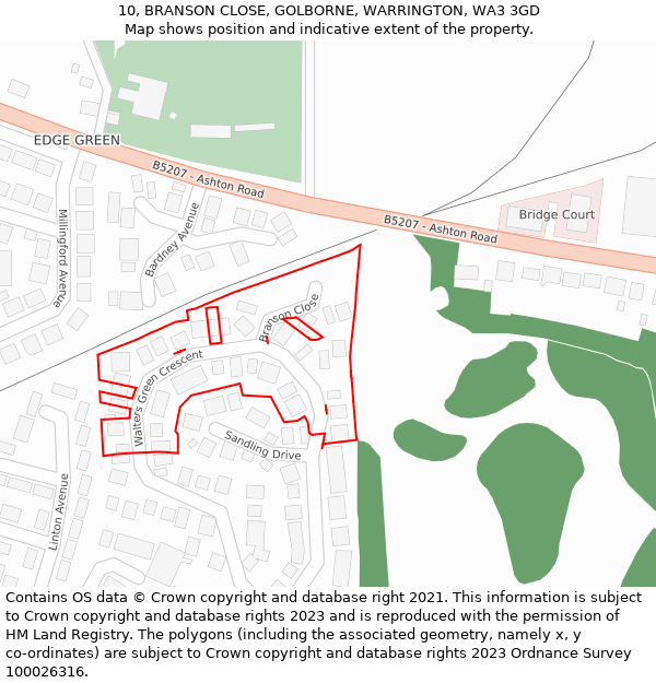 10, BRANSON CLOSE, GOLBORNE, WARRINGTON, WA3 3GD: Location map and indicative extent of plot