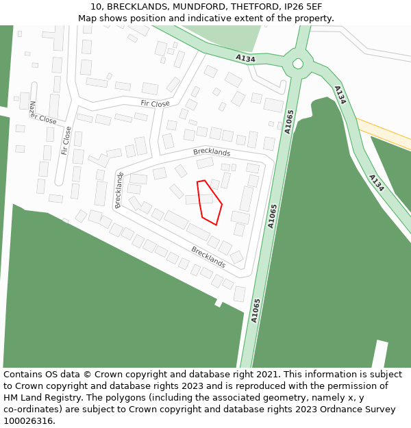 10, BRECKLANDS, MUNDFORD, THETFORD, IP26 5EF: Location map and indicative extent of plot