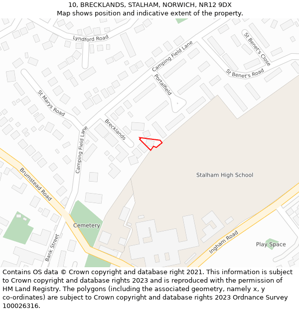 10, BRECKLANDS, STALHAM, NORWICH, NR12 9DX: Location map and indicative extent of plot