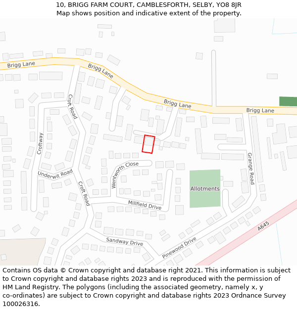 10, BRIGG FARM COURT, CAMBLESFORTH, SELBY, YO8 8JR: Location map and indicative extent of plot