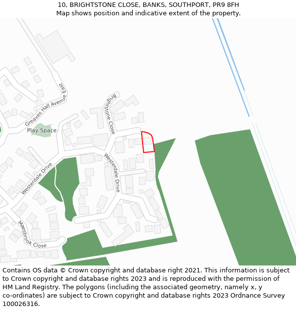 10, BRIGHTSTONE CLOSE, BANKS, SOUTHPORT, PR9 8FH: Location map and indicative extent of plot