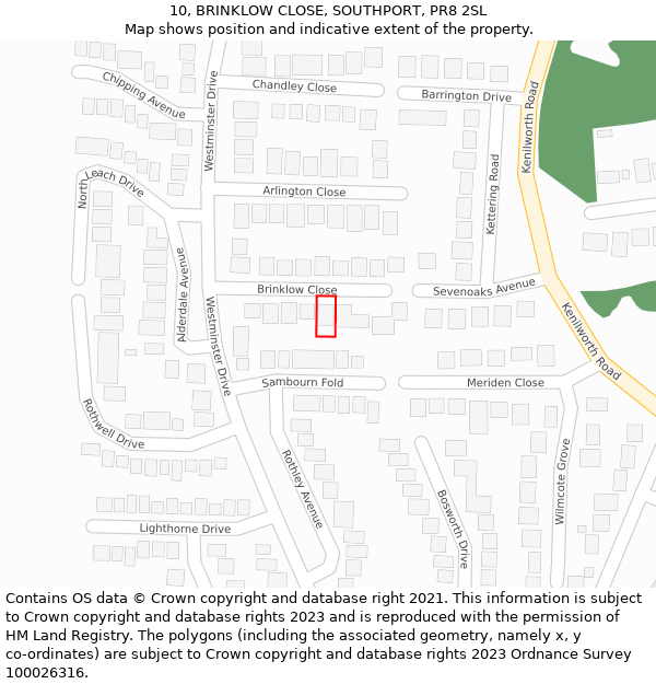 10, BRINKLOW CLOSE, SOUTHPORT, PR8 2SL: Location map and indicative extent of plot