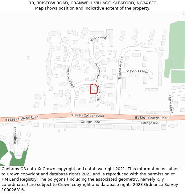 10, BRISTOW ROAD, CRANWELL VILLAGE, SLEAFORD, NG34 8FG: Location map and indicative extent of plot