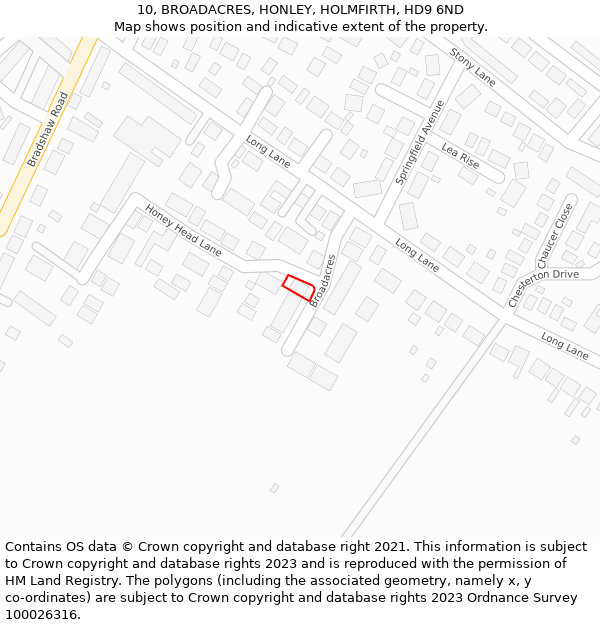 10, BROADACRES, HONLEY, HOLMFIRTH, HD9 6ND: Location map and indicative extent of plot