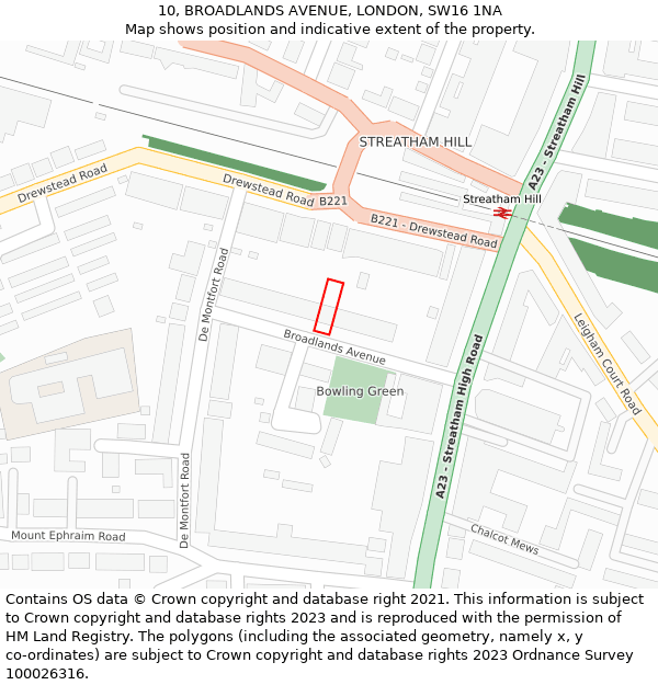 10, BROADLANDS AVENUE, LONDON, SW16 1NA: Location map and indicative extent of plot