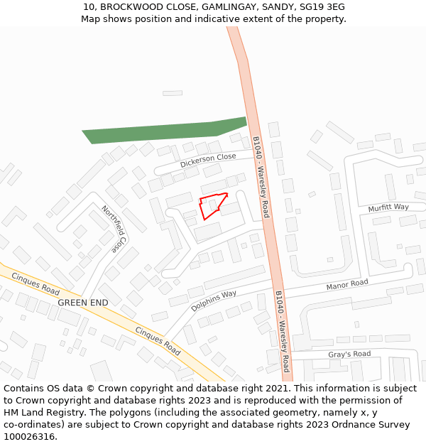 10, BROCKWOOD CLOSE, GAMLINGAY, SANDY, SG19 3EG: Location map and indicative extent of plot