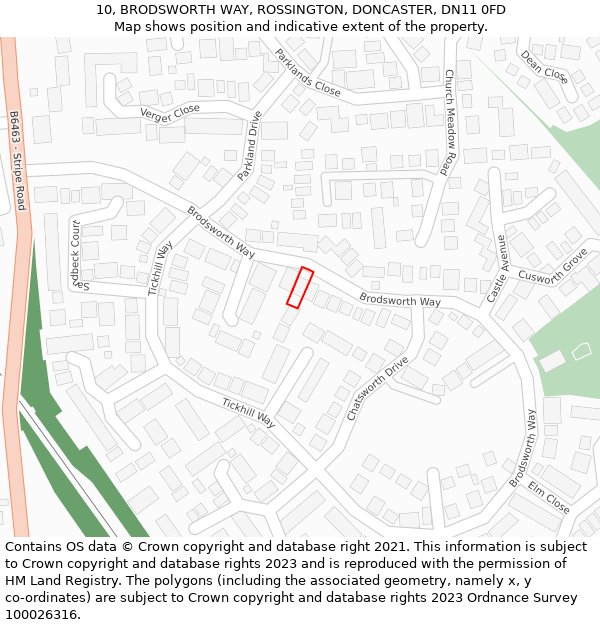 10, BRODSWORTH WAY, ROSSINGTON, DONCASTER, DN11 0FD: Location map and indicative extent of plot