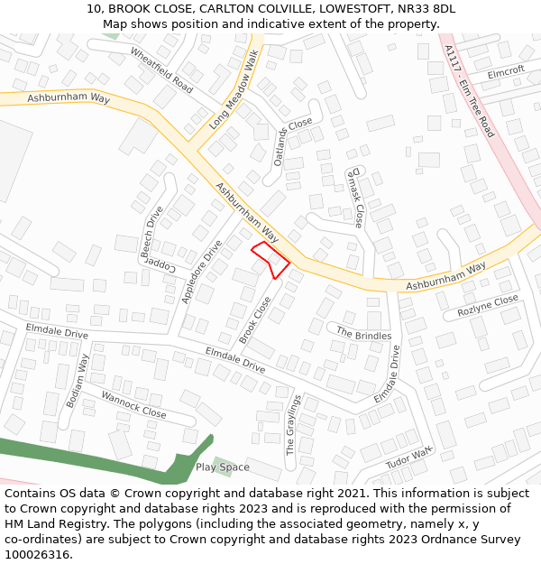 10, BROOK CLOSE, CARLTON COLVILLE, LOWESTOFT, NR33 8DL: Location map and indicative extent of plot