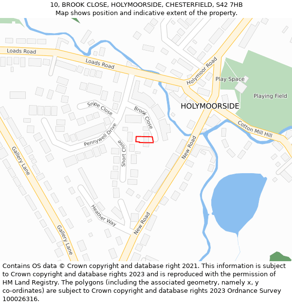 10, BROOK CLOSE, HOLYMOORSIDE, CHESTERFIELD, S42 7HB: Location map and indicative extent of plot