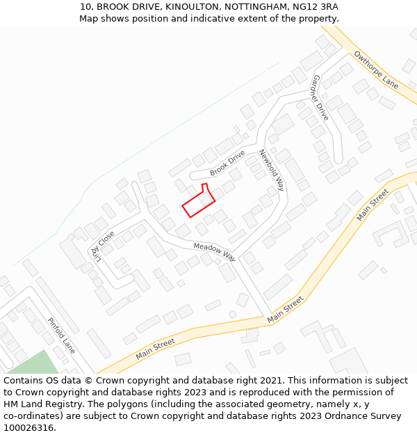 10, BROOK DRIVE, KINOULTON, NOTTINGHAM, NG12 3RA: Location map and indicative extent of plot