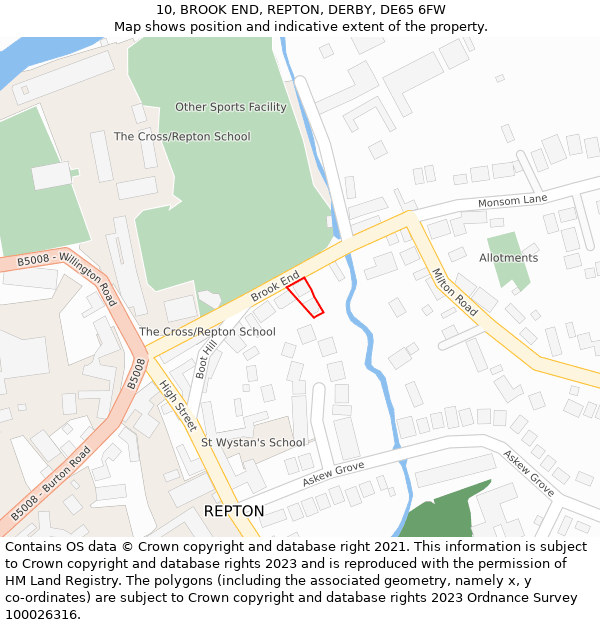 10, BROOK END, REPTON, DERBY, DE65 6FW: Location map and indicative extent of plot