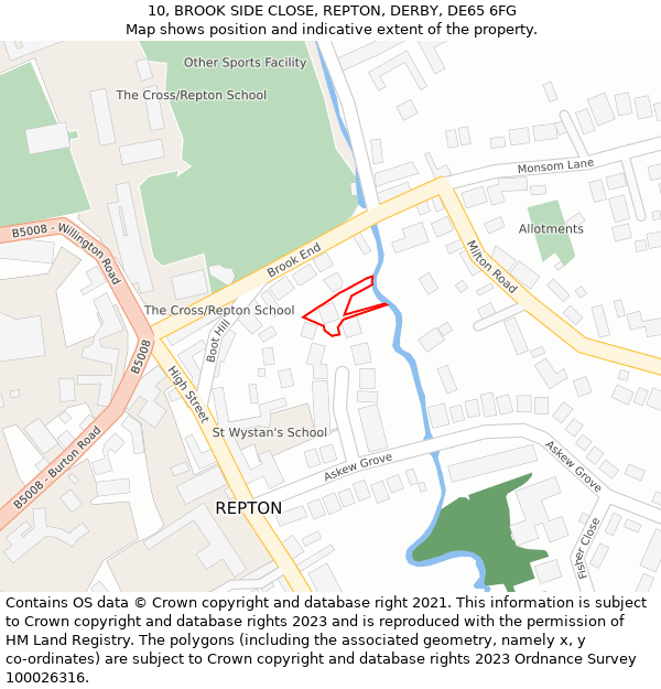 10, BROOK SIDE CLOSE, REPTON, DERBY, DE65 6FG: Location map and indicative extent of plot