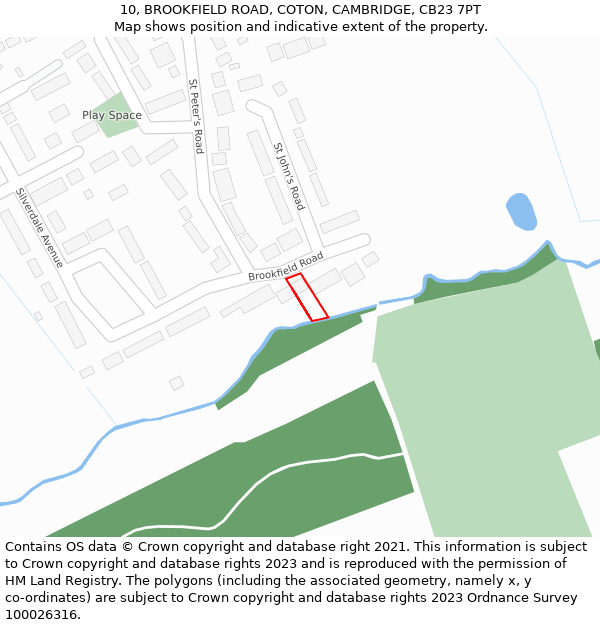 10, BROOKFIELD ROAD, COTON, CAMBRIDGE, CB23 7PT: Location map and indicative extent of plot
