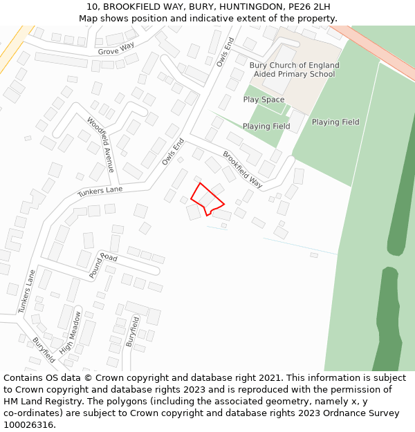 10, BROOKFIELD WAY, BURY, HUNTINGDON, PE26 2LH: Location map and indicative extent of plot