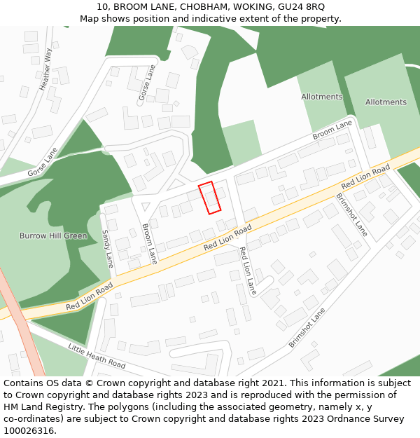 10, BROOM LANE, CHOBHAM, WOKING, GU24 8RQ: Location map and indicative extent of plot