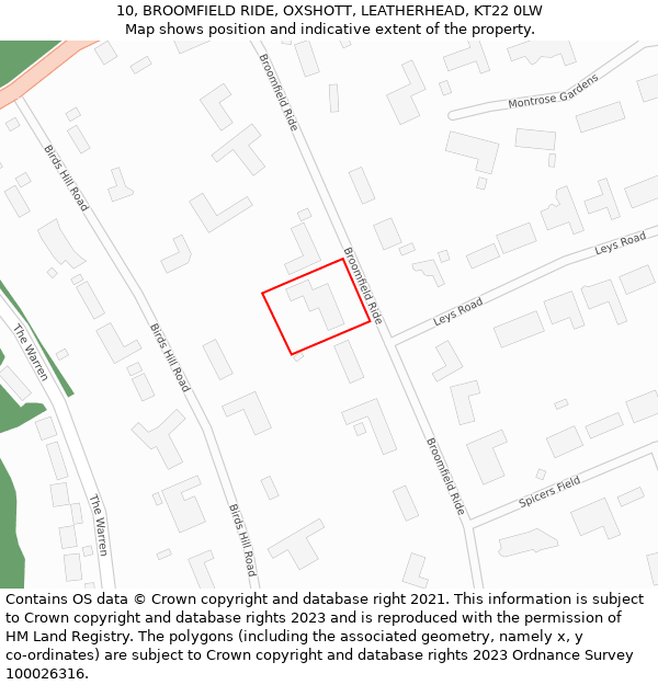 10, BROOMFIELD RIDE, OXSHOTT, LEATHERHEAD, KT22 0LW: Location map and indicative extent of plot