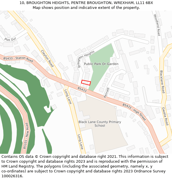 10, BROUGHTON HEIGHTS, PENTRE BROUGHTON, WREXHAM, LL11 6BX: Location map and indicative extent of plot