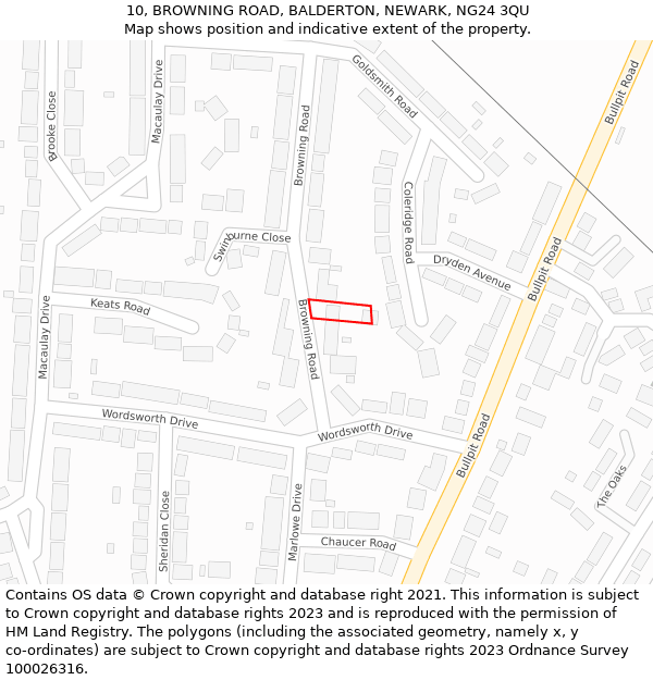 10, BROWNING ROAD, BALDERTON, NEWARK, NG24 3QU: Location map and indicative extent of plot