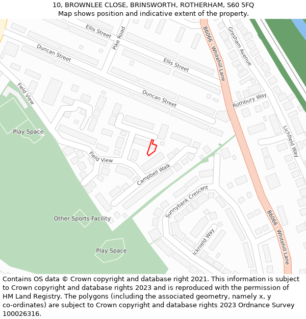 10, BROWNLEE CLOSE, BRINSWORTH, ROTHERHAM, S60 5FQ: Location map and indicative extent of plot