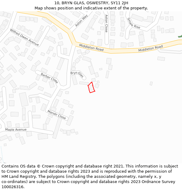 10, BRYN GLAS, OSWESTRY, SY11 2JH: Location map and indicative extent of plot