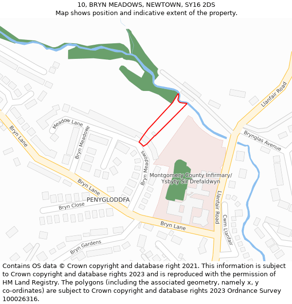 10, BRYN MEADOWS, NEWTOWN, SY16 2DS: Location map and indicative extent of plot