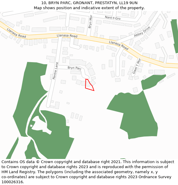 10, BRYN PARC, GRONANT, PRESTATYN, LL19 9UN: Location map and indicative extent of plot